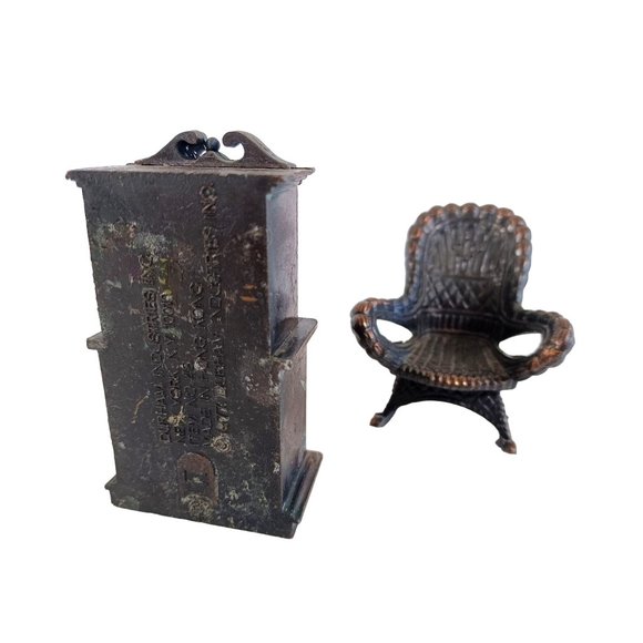 Vintage 1970's Bronze Die Cast Dollhouse Miniature 3" Cabinet & 2" Rocking Chair - Picture 5 of 8